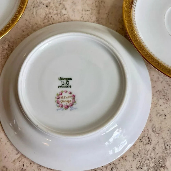 Vintage M.F&CO Limoges UC France Marshall Field Gold Leaf Rim Set of 5 Teacup Pl - Picture 4 of 9